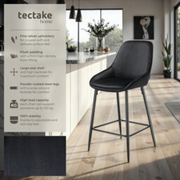 Tectake Bar Stool Siera With Backrest, Padding And Soft Fabric - Velvet Look Black/black, Set Of 4 - thumbnail 2