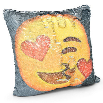 Velosso Playful Decor Two-Way Sequin Cushion, Reversible Heart Eyes Emoji Design - Purple