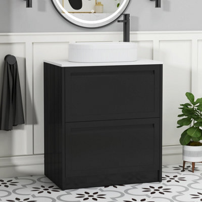 Royal Bathrooms Royal Bathroom Elmore 700mm Matt Nocturne Black Freestanding Bathroom Vanity Unit 2 Drawer Plain White Worktop With Lyon Basin - image 1