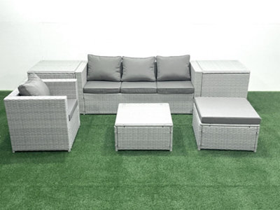 Fimous Garden Outdoor Furniture Set 5 Seater Rattan Sofa Set Big Stool Armchair 2 Side Tables Light Grey - image 1