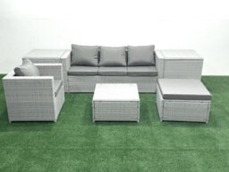 Fimous Garden Outdoor Furniture Set 5 Seater Rattan Sofa Set Big Stool Armchair 2 Side Tables Light Grey - thumbnail 2