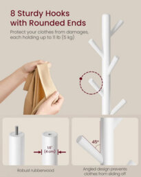 LEDREM Coat Rack, Solid Wood Coat Stand, Free Standing Hall Coat Tree With 8 Hooks For Coats, Hats, Bags, Purses, For Entryway - thumbnail 3
