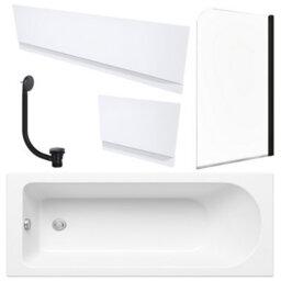 FNX Bathrooms White 1700 X 700 mm Single-Ended Bath With Waterproof Panel Set Matching Black Bath Waste & Curved Black-Profile Bath Screen - thumbnail 1