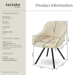 Tectake Set Of 6 Lounge Armchair Living Room Accent Chair 360 Swivel Slim Steel Legs Velvet Fabric   - Cream - thumbnail 6