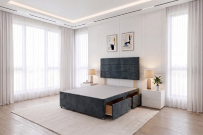 Knight Sleep York Charcoal Plush 5Ft Divan Bed Base With 2 Drawers & Headboard-King Size - image 1