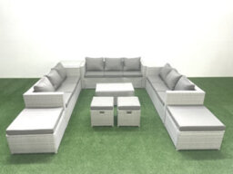 Fimous 9 Pieces Rattan Garden Furniture Set Outdoor Garden Sofa Coffee Table Set Side Table 4 Stools Light Grey - thumbnail 2