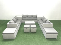 Fimous 9 Pieces Rattan Garden Furniture Set Outdoor Garden Sofa Coffee Table Set Side Table 4 Stools Light Grey - thumbnail 1