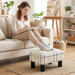 Homcom Chic Linen Fabric Foot Stool Ottoman Cube With Legs, Multi-Colored - thumbnail 8