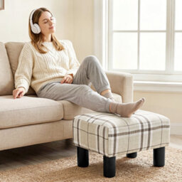 Homcom Chic Linen Fabric Foot Stool Ottoman Cube With Legs, Multi-Colored - thumbnail 1