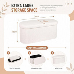 White Teddy Fleece 76Cm Boucle Storage Ottoman Foldable Footstool Bench For Living Room Bedroom - thumbnail 2