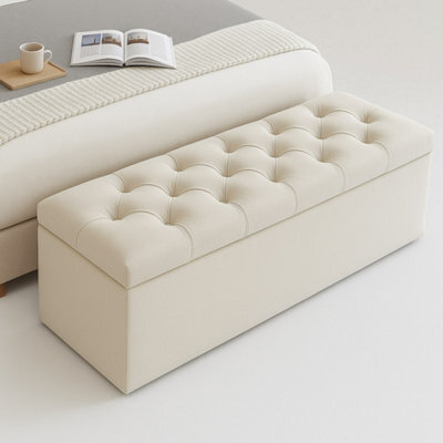 120Cm Chesterfield Ottoman Storage Box, Cream Plush Velvet Upholstered Blanket Box, End Of Bed Bench, Deep Storage Chest - image 1
