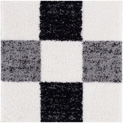 The Rugs Black Grey And Ivory Soft Checkerboard Design Fluffy Shaggy Rugs And Runners High Pile Living Room Kitchen Hallway 381 - image 1