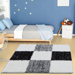 The Rugs Black Grey And Ivory Soft Checkerboard Design Fluffy Shaggy Rugs And Runners High Pile Living Room Kitchen Hallway 381 - thumbnail 2