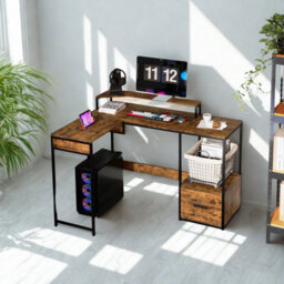 FURNOLD Industrial L Shaped Computer Desk With Storage Drawer And Monitor Stand