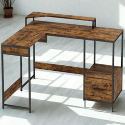 FURNOLD Industrial L Shaped Computer Desk With Storage Drawer And Monitor Stand - thumbnail 3