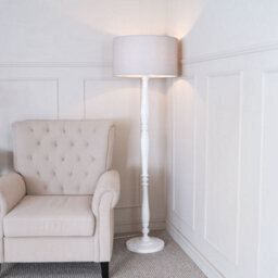 Valuelights Victoria Traditional White Wood Candlestick Floor Lamp With Grey Drum Shade