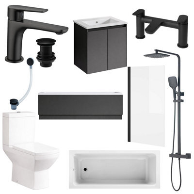 Plum&clay Complete Bathroom Suite Black Taps 600mm Grey Wall Hung Vanity Unit Bath Shower Screen Toilet Waste - image 1