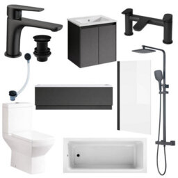 Plum&clay Complete Bathroom Suite Black Taps 600mm Grey Wall Hung Vanity Unit Bath Shower Screen Toilet Waste - thumbnail 1