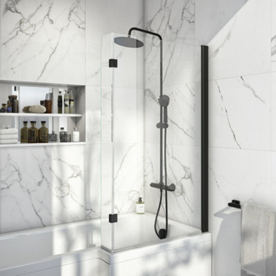 Fnx Bathrooms L-Shape Bath Screen 6mm Toughened Clear Glass With Black Aluminium Frame - 1400 X 825mm Adjustable - image 1