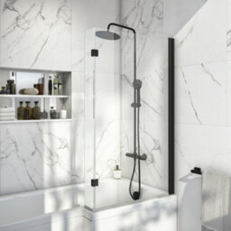 Fnx Bathrooms L-Shape Bath Screen 6mm Toughened Clear Glass With Black Aluminium Frame - 1400 X 825mm Adjustable - thumbnail 1