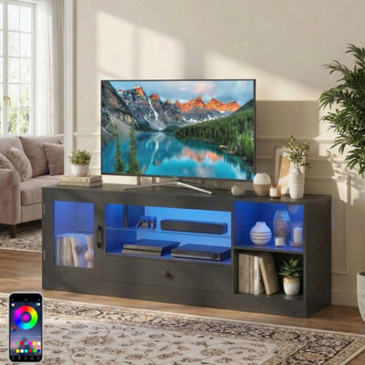 Black Tv Stand Rgb Light Door Drawer Glass Shelf
