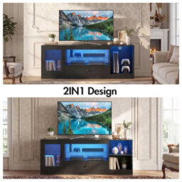 Black Tv Stand Rgb Light Door Drawer Glass Shelf - thumbnail 3