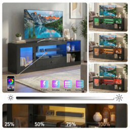 Black Tv Stand Rgb Light Door Drawer Glass Shelf - thumbnail 4