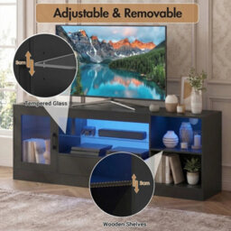 Black Tv Stand Rgb Light Door Drawer Glass Shelf - thumbnail 2