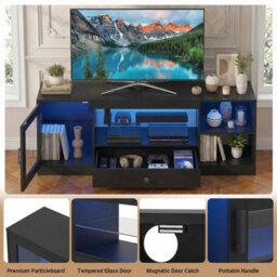 Black Tv Stand Rgb Light Door Drawer Glass Shelf - thumbnail 5