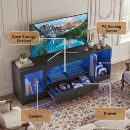 Black Tv Stand Rgb Light Door Drawer Glass Shelf - thumbnail 6