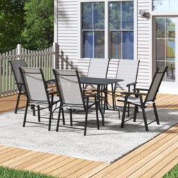 Thehotsale 120Cm L Garden Metal Slatted Coffee Table With Six Foldable Chairs Outdoor Rectangle Table In Black - thumbnail 2