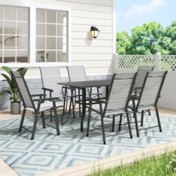 Thehotsale 120Cm L Garden Metal Slatted Coffee Table With Six Foldable Chairs Outdoor Rectangle Table In Black - thumbnail 1