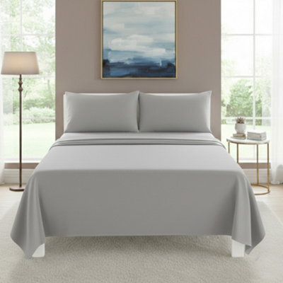 Easy Care Flat Bed Sheet Polycotton Durable Low Maintenance Bedding Silver - image 1