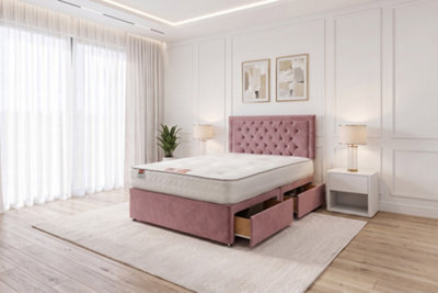 "Knight Sleep Ellis Pink Plush Bed Set With Mattress, 2 Drawers Same Side & 24""headboard 3Ft - Single" - image 1