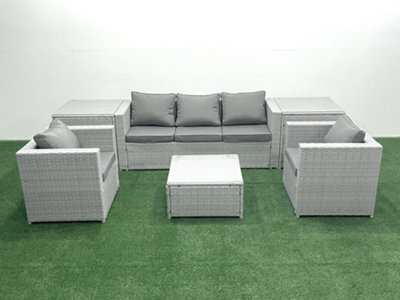 Fimous 5 Seater Rattan Garden Furniture Set 3 Seater Sofa 2 Chair Square Coffee Table 2 Side Tables Light Grey - image 1