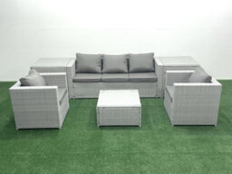 Fimous 5 Seater Rattan Garden Furniture Set 3 Seater Sofa 2 Chair Square Coffee Table 2 Side Tables Light Grey - thumbnail 1