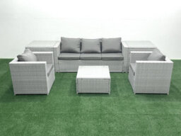 Fimous 5 Seater Rattan Garden Furniture Set 3 Seater Sofa 2 Chair Square Coffee Table 2 Side Tables Light Grey - thumbnail 2