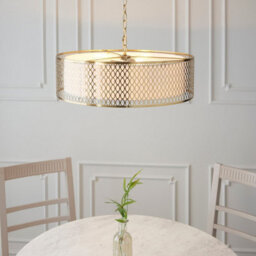 Luminosa Lighting Luminosa Cordero Single Pendant Ceiling Lamp, Gold Effect Plate, White Fabric, Frosted Glass - thumbnail 4