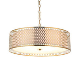 Luminosa Lighting Luminosa Cordero Single Pendant Ceiling Lamp, Gold Effect Plate, White Fabric, Frosted Glass - thumbnail 1