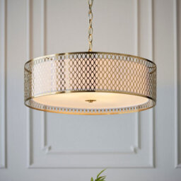 Luminosa Lighting Luminosa Cordero Single Pendant Ceiling Lamp, Gold Effect Plate, White Fabric, Frosted Glass - thumbnail 2