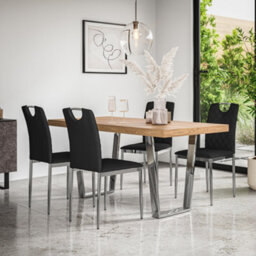 More4Homes Aria Dining Table And Chairs - Oak Effect Table Top W Chrome Legs + 6 Monza Faux Leather Dining Chairs W Chrome Legs (Black) - thumbnail 1