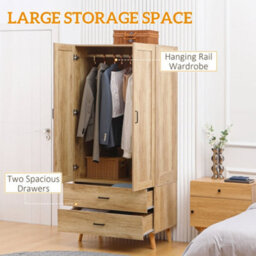 Wyld Haus Corasoro 2-Door Tall Wardrobe Natural Wood-Effect Finish With 2 Drawers And Hanging Rail - thumbnail 6