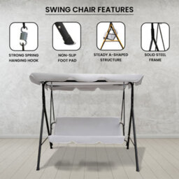 Alivio 3 Seater Garden Patio Swing Chair, Waterproof Uv Resistant Padded Seat Cushion Swing Bench Steel Frame Backyard Top Roof - thumbnail 2