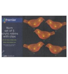Premier Decorations Limited 5 Acrylic Christmas Robin Lights Clip On Christmas Robins Warm White Leds 16Cm - thumbnail 3