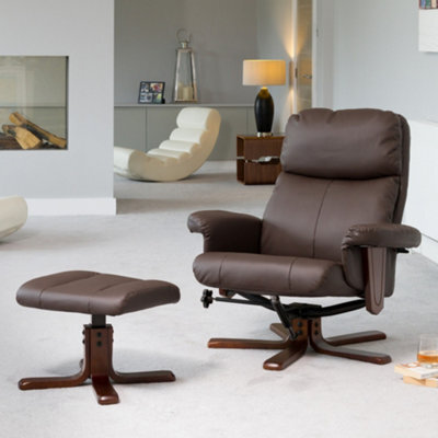 Woodacre 88Cm Wide Compact Brown Bonded Leather 360 Degree Ergonomic Swivel Base Recliner Chair And Footstool