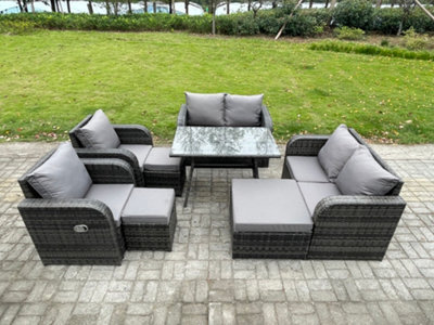 Fimous Wicker Pe Rattan Garden Dining Set Outdoor Furniture Sofa With Rectangular Dining Table 3 Footstools Dark Grey Mixed - image 1