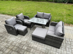 Fimous Wicker Pe Rattan Garden Dining Set Outdoor Furniture Sofa With Rectangular Dining Table 3 Footstools Dark Grey Mixed - thumbnail 2