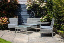 Sh&g Heaton 4 Seater Sofa Set - 4 Piece Table, Chairs & Sofa - Steel & Grey Rattan With Grey Cushions - Indoor & Outdoor - thumbnail 5