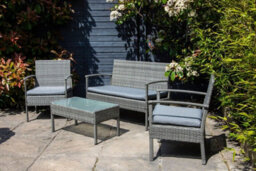 Sh&g Heaton 4 Seater Sofa Set - 4 Piece Table, Chairs & Sofa - Steel & Grey Rattan With Grey Cushions - Indoor & Outdoor - thumbnail 3