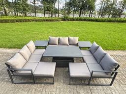 Fimous Aluminum Outdoor Patio Furniture Set With Adjustable Rising Lifting Dining Table 2 Big Footstools 2 Side Tables Dark Grey - thumbnail 1